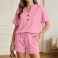 thumbnail image 4 of ZyeKqe Womens Summer Sets Button V Neck Short Sleeve Shirts Drawstring Elastic Waist Shorts Casual 2 Piece Workout Sets, 4 of 7