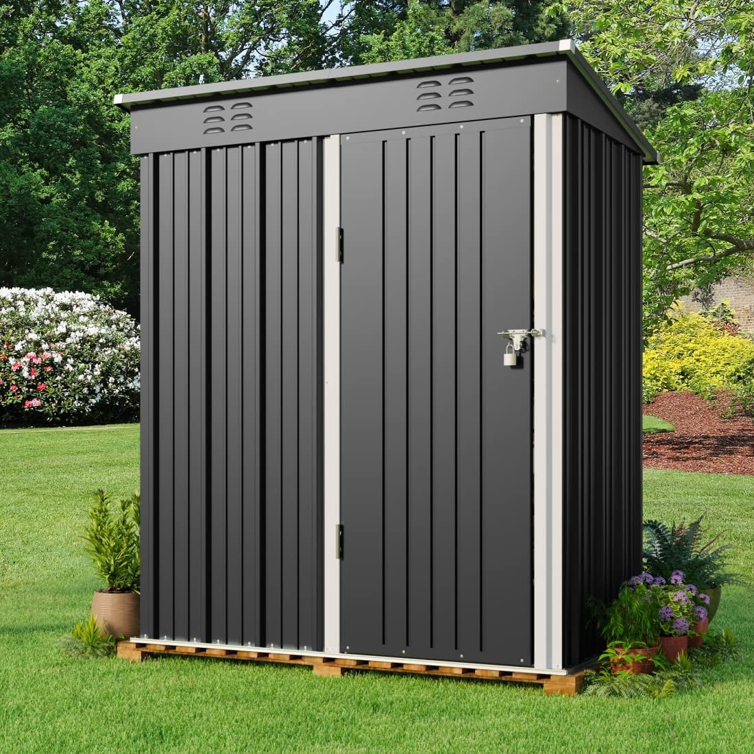 5x3 ft Outdoor Storage Shed, Metal Garden Tool Shed with Lockable Doors, for Outsides,Yard, Backyard Patio, Lawn - Dark Gray
