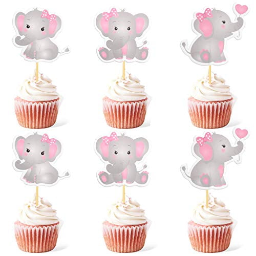 Baby Boy Girl Supreach Cute Blue Pink Elephant Birthday Cupcake Toppers Picks for Baby Shower Cake Decoration Set of 16 Pcs Party Supplies Girl 