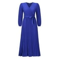 thumbnail image 4 of AKAFMK Dresses for Women 2024 Casual Slim Pleated Belted Long-Sleeve V-Neck A-Line Solid Color Dress Party Maxi Dresses Blue, 4 of 6