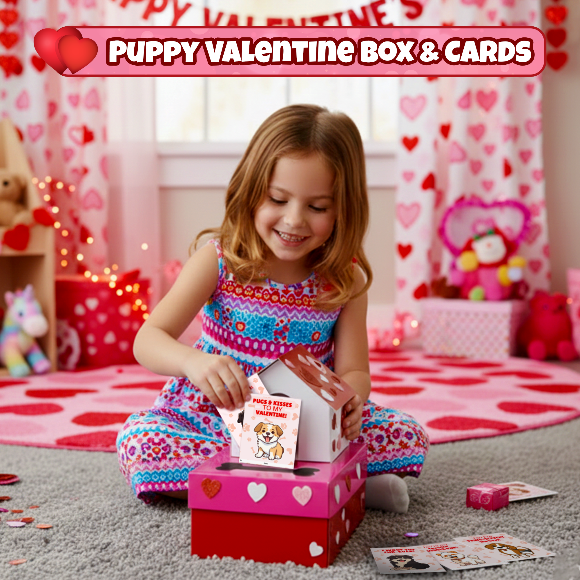 4E's Novelty 32-Piece Valentines Day Box and Cards for Kids, DIY Puppy Mailbox Craft Kit, Classroom Exchange, Includes Teacher Card and Heart Decorations