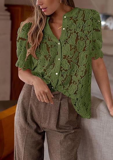 PRETTYGARDEN Womens Summer Lace Tops Short Puff Sleeve Casual Dressy Blouses Eyelet Crew Neck Buttom Down Shirts