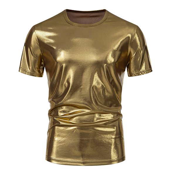 Penkiiy Men's Shiny Rave Tanks Short Sleeve Bodycon 70s Disco Dance Shirts Music Festival Outfits T-Shirts S Gold