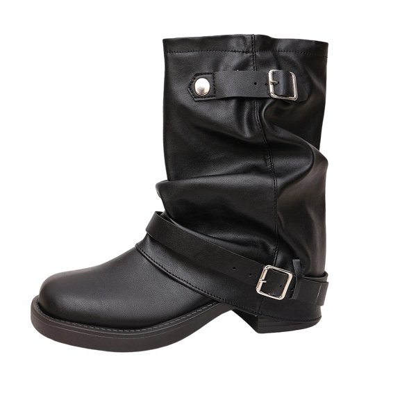 hopeusnice Women Mid Calf Slouch Boots With Double Buckle Straps Low Heel Leather Upper For Edgy And Casual Style Black 36
