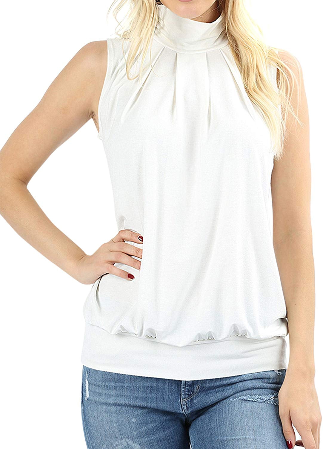Sleeveless Mock-TurtleNeck Pleated Top 