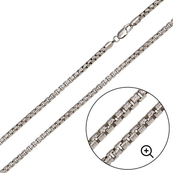 Rhodium Plated 925 Sterling Silver Diamond-Cut Pave Round Box Chains 2.9mm Italy 30" Jewelry Female