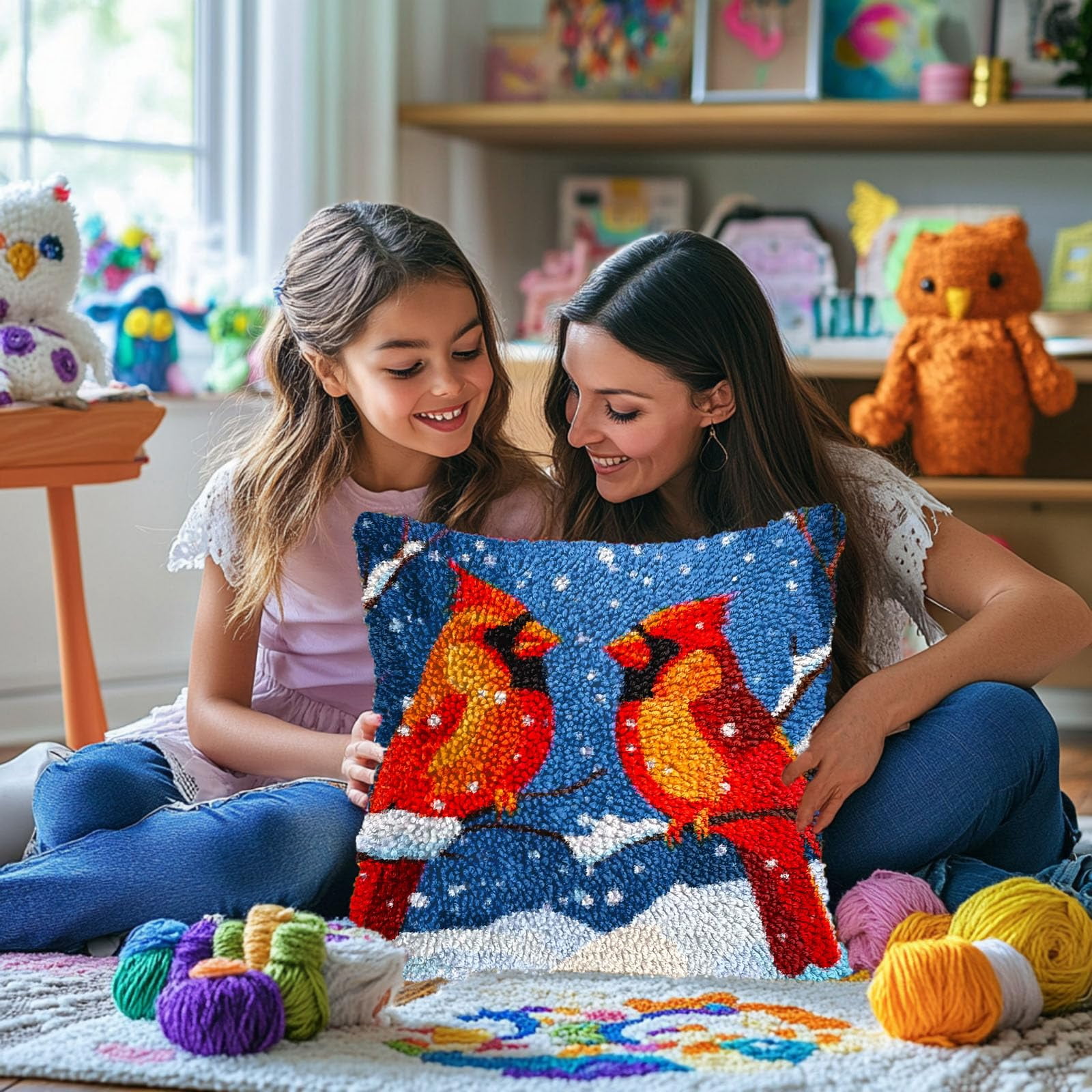 A Pair of Red Cardinal in Snow DIY Latch Hook Pillow Kits for Adults Printed Pillowcase Crochet Yarns Hooking Handmade Pillow Cover Cushion for Home Sofa Decoration 17x17inch