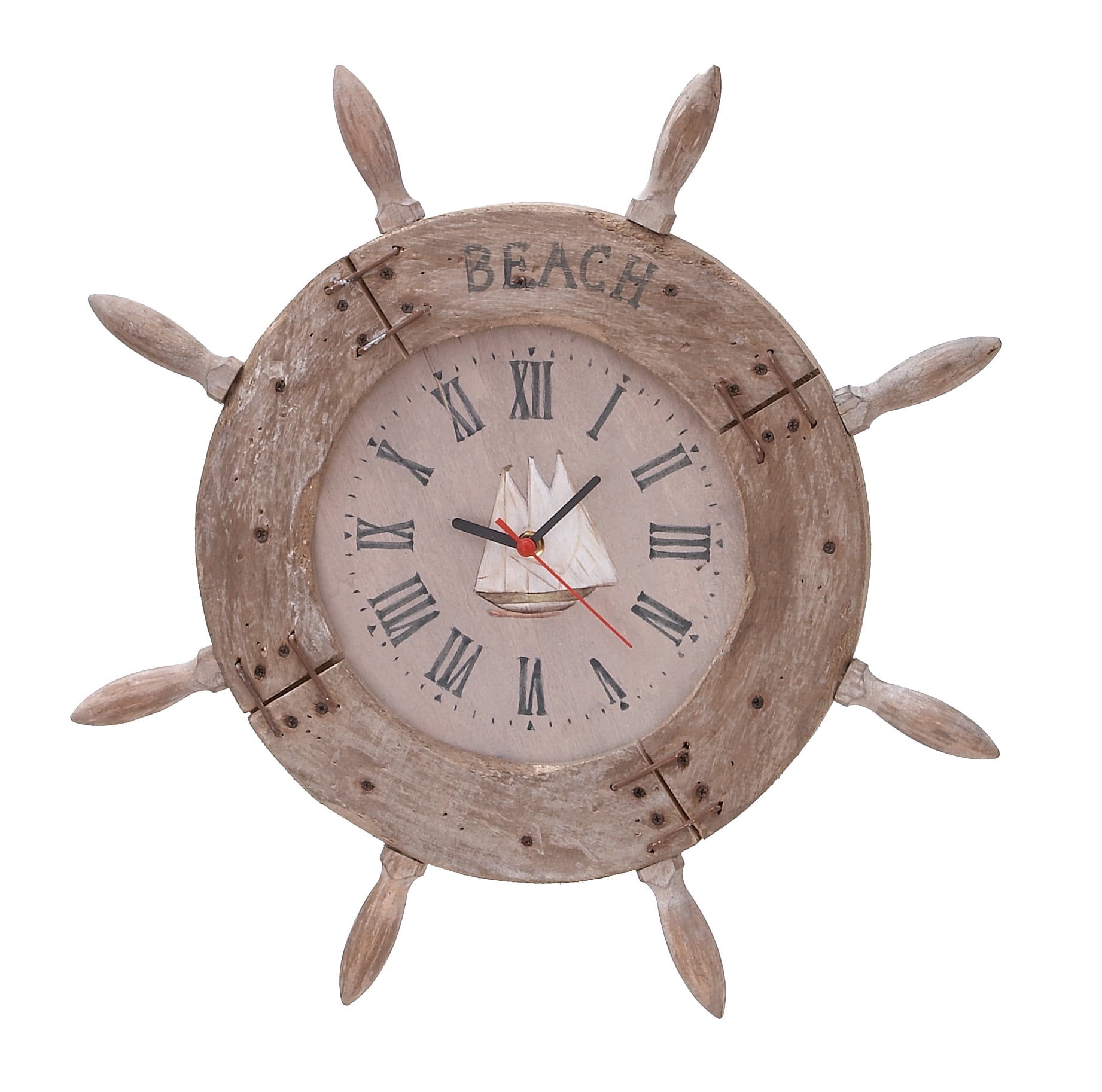 Wood Ship Wheel Clock Nautical Maritime Decor