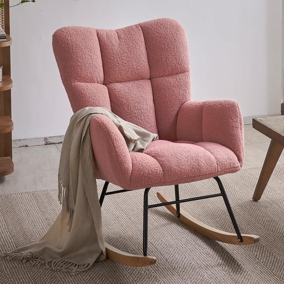 Glider Rocking Chair with Teddy Fabric, High Back Support and Thick Seat Cushion, Modern Rocker forRoom Home Decor, Pink