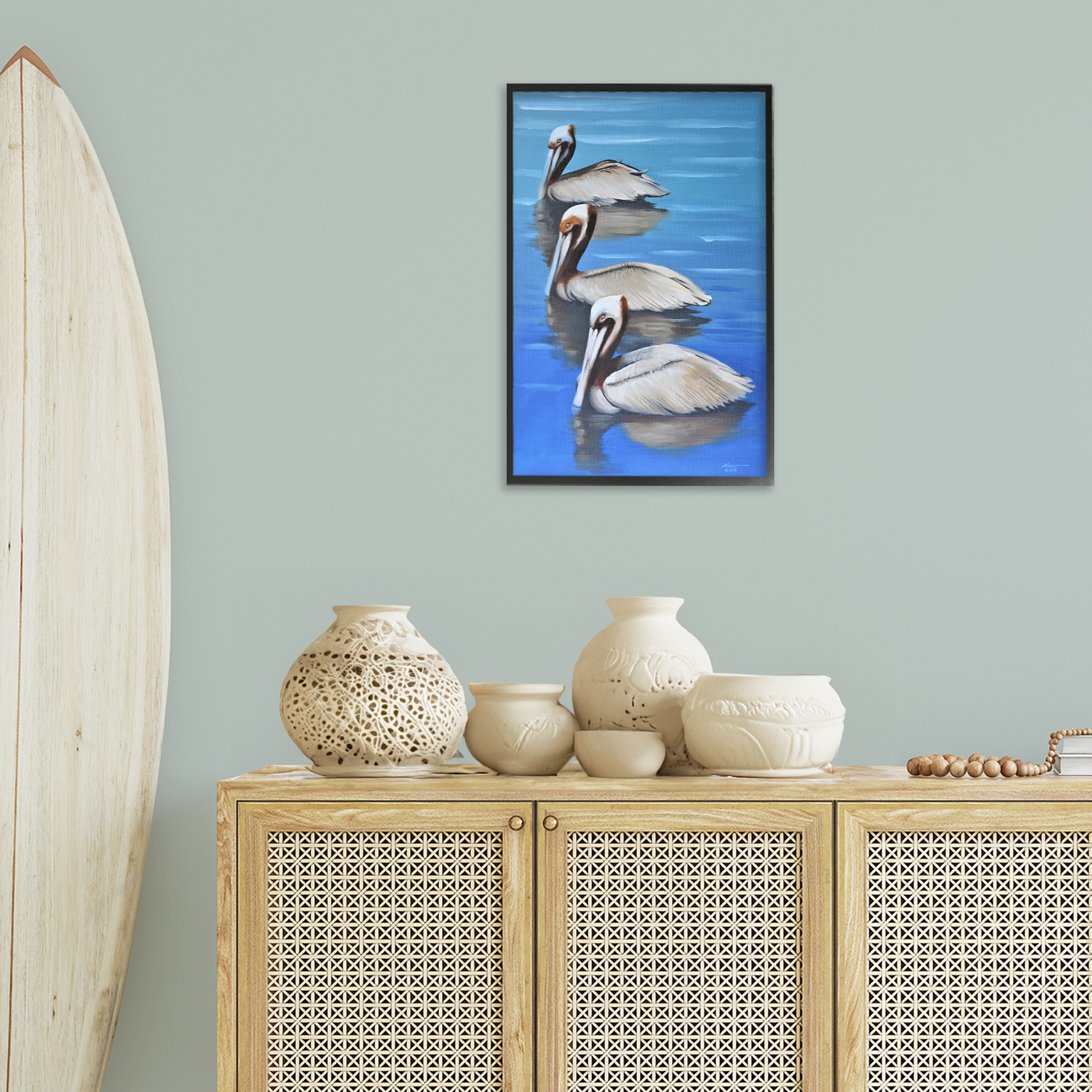 Stupell Industries Pelican Trio Drifting Animals & Insects Painting Black Framed Art Print Wall Art, 16 x 24