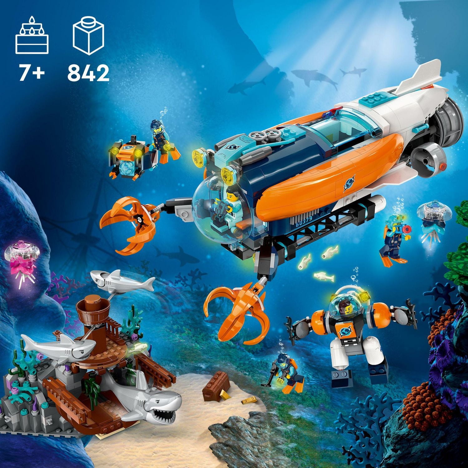 LEGO City Deep-Sea Explorer Submarine 60379 Building Toy Set, Ocean Submarine Playset with Shipwreck Setting, 6 Minifigures and 3 Shark Figures for Imaginative Play, A Gift Idea for Ages 7+