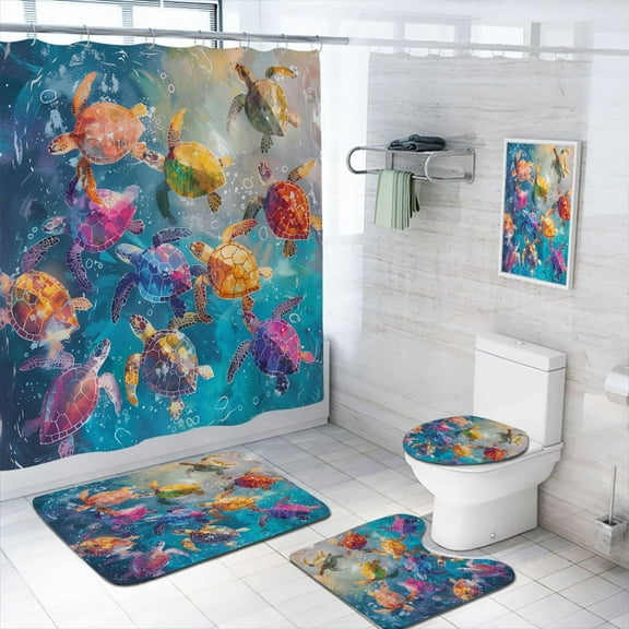 4 Pcs Sea Turtle Shower Curtain Set with Rugs,Toilet Lid Cover, Bath Mat Animal Cute Blue Watercolor Art Funny Bathroom Shower Curtain with 12 Hooks Accessories Decorative