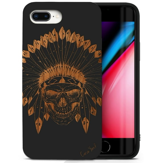 Case Yard Wooden Case for iPhone-8-Plus Soft TPU Silicone cover Slim Fit Shockproof Wood Protective Phone Cover for Girls Boys Men and Women Supports Wireless Charging Skull Feather Design