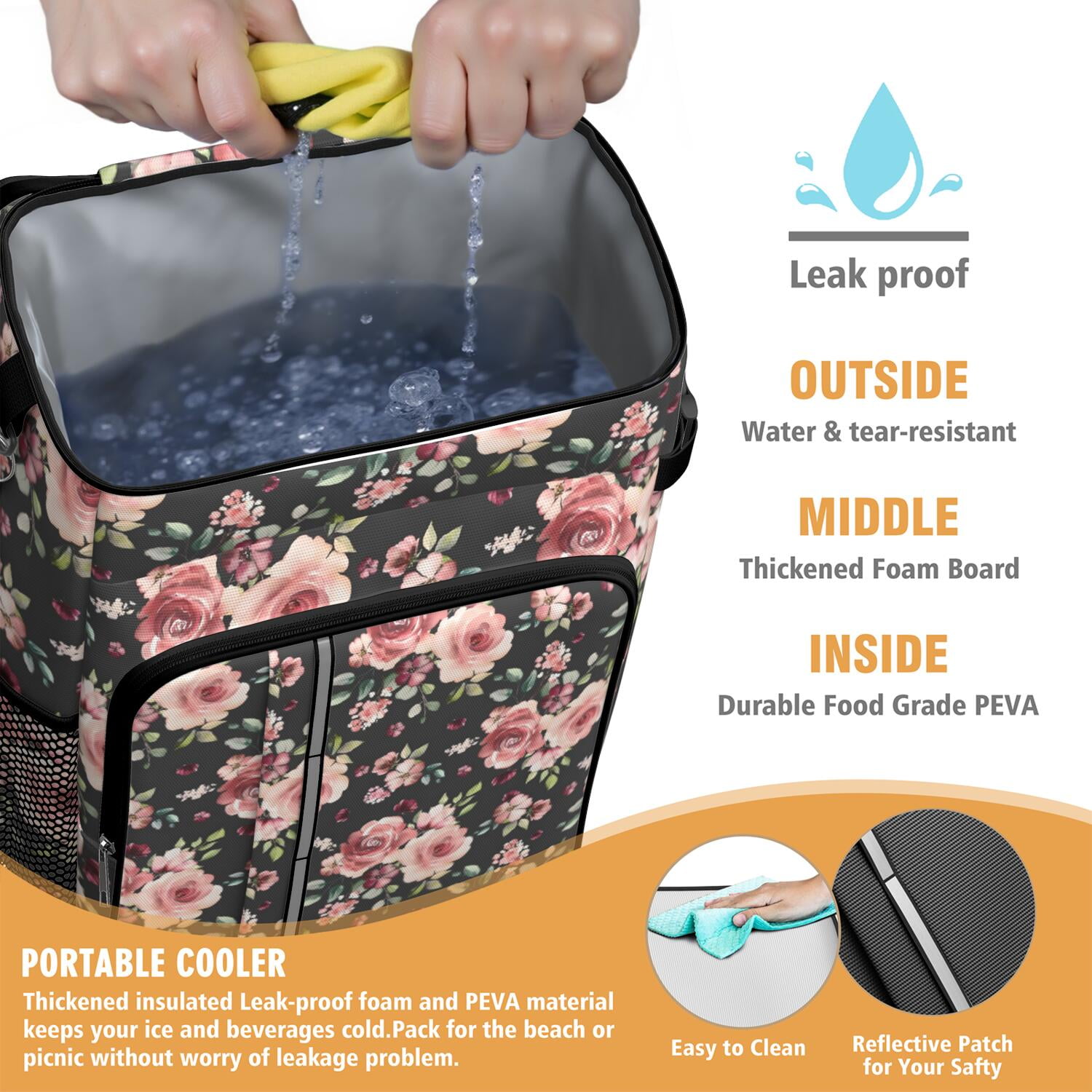 Travel Cooler Bag - Pioneer Flower Floral Print Pattern Camping Beer Cooler Backpack with Bottle Opener- Waterproof Insulated Picnic Backpacks - Cooler Bag for Beach