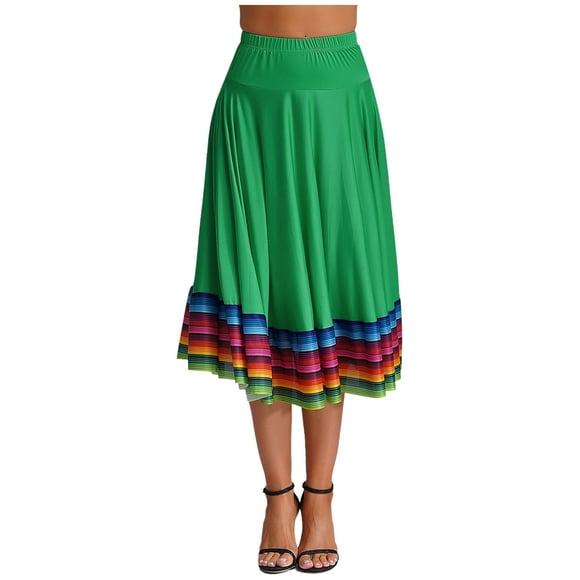 inhzoy Womens Colorful Stripe Flamenco Dance Skirt Ballroom Training Costume for Performance Green 75cm XXL