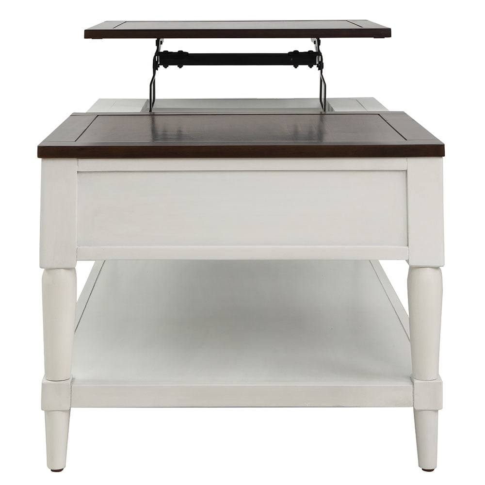 Private Jungle Wood Coffee Table Lift Top with 1 Drawer and Shelf, White and Brown
