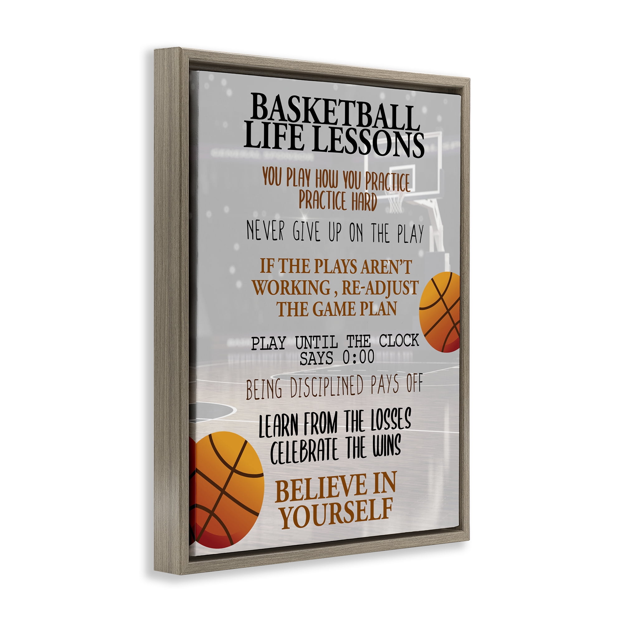 Basketball Life Lessons Brown Framed Floater Canvas Wall Art, design by Kim Allen