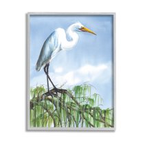 Egret Bird Balancing Branch Animals & Insects Painting Gray Framed Art Print Wall Art