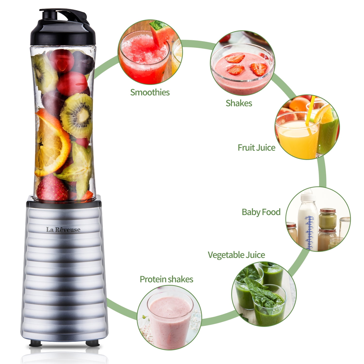 La Reveuse Smoothies Blender 300 Watt with 18 oz BPA Free Portable Travel Sports Bottle(Silver)