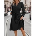 thumbnail image 4 of Solid Color Split V Neck Long Sleeve Classic Dress Knee Length, 4 of 5