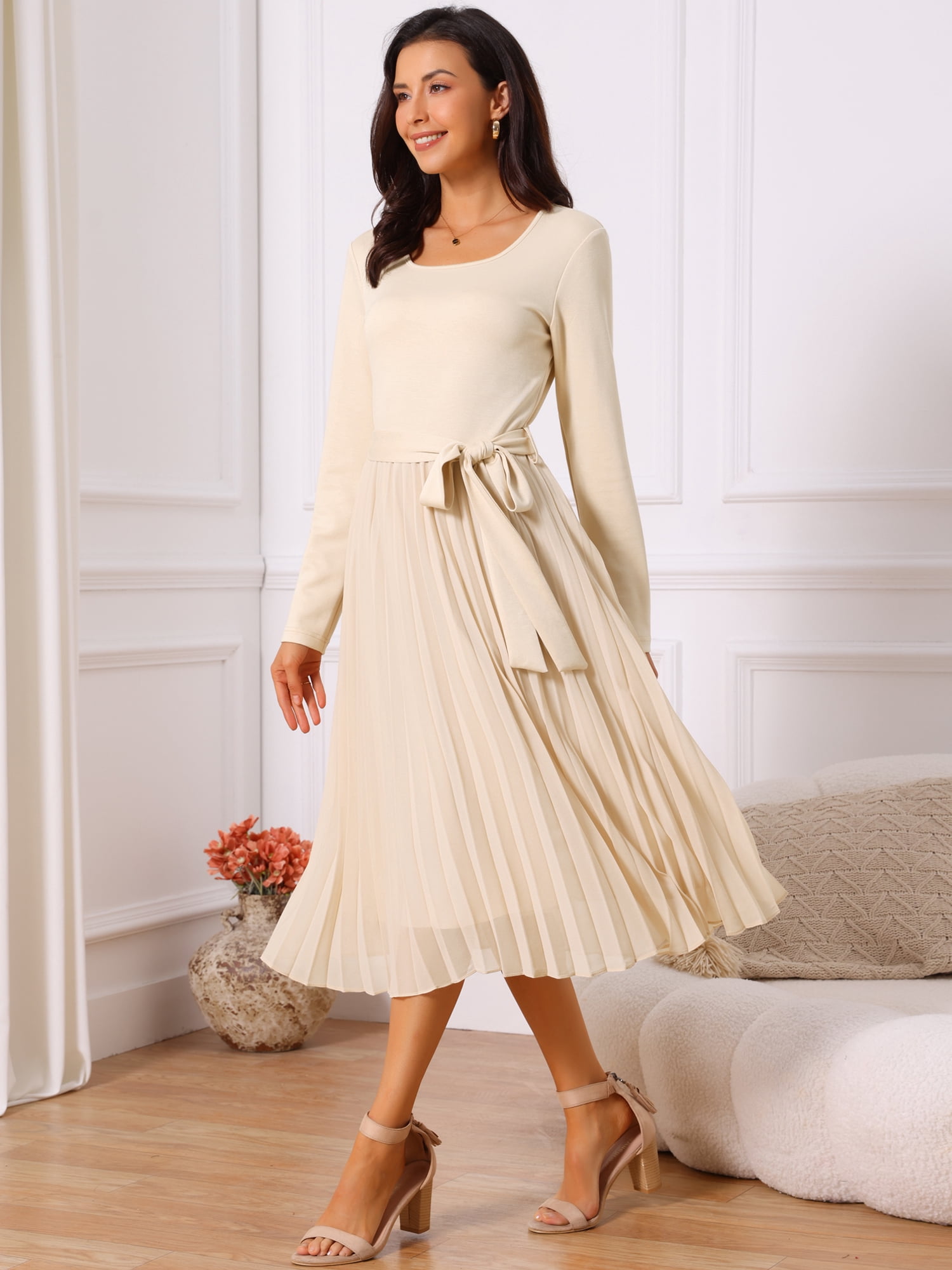 DARING DIVA Women's Pleated Crewneck A Line Flowy Long Sleeve Dress S Apricot
