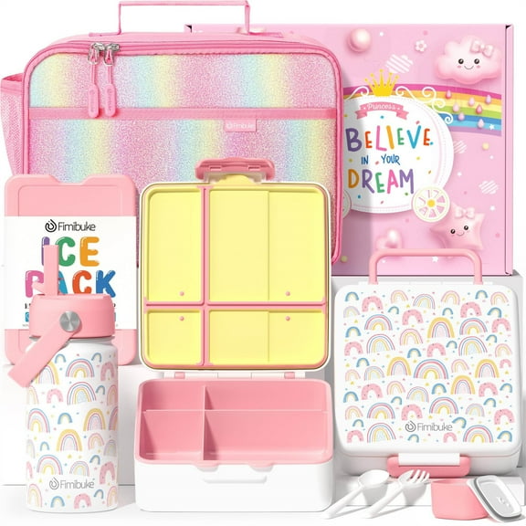 7Pcs Bento Box Lunch Box Kit, Insulated Lunch Bag, Stainless Steel Insulated Water Bottle, Ice Pack & Utensils Set (Pink)