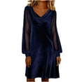 thumbnail image 2 of ClodeEU Women's Long Sleeve V Neck Velvet Mesh Sequin Embellished Dress,Fall Trendy Tunic Dress Navy,Womens Plus XL, 2 of 6