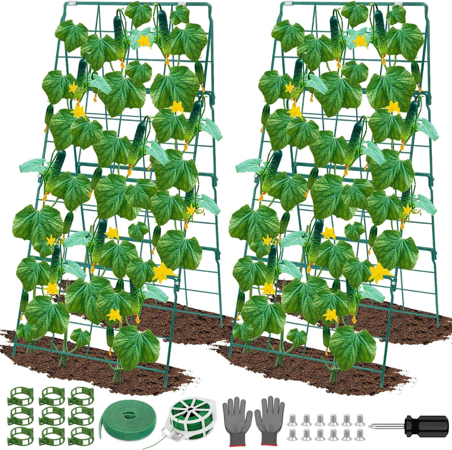 Cucumber Trellis for Raised Garden Bed, Outdoor Sturdy Metal A-Frame Cucumber Trellis Support for Climbing Plants Vegetables and Fruits with Accessories, Easy installation and Easy Harvesting