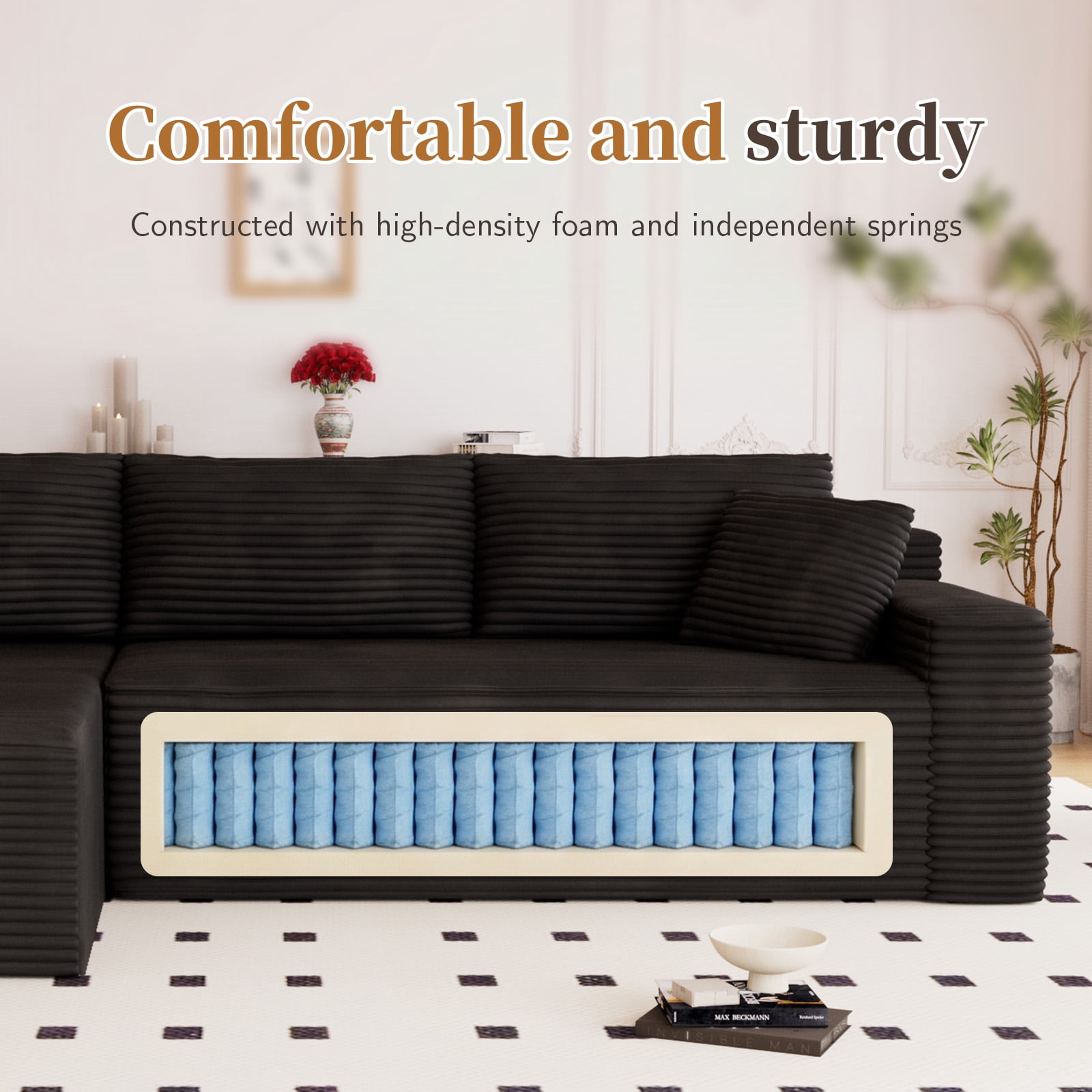 Lunale 105" Modular L-Shaped Sectional Sofa, Boneless Cloud Couch, No Assembly Required, Modern Deep Seat Corduroy Sofa for Living Room, Black (Left Facing Chaise)
