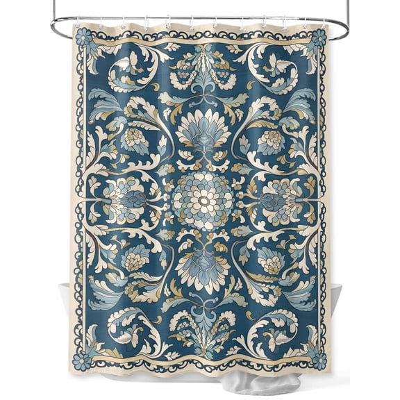 Fsddascl Blue Boho Flowers Shower Curtain Set - Extra Long 72" x 96" Bathtub Curtain with 12 Hooks, Country Vintage Abstract Floral Waterproof Fabric Stall Shower Curtains for Bathroom/Bathtub