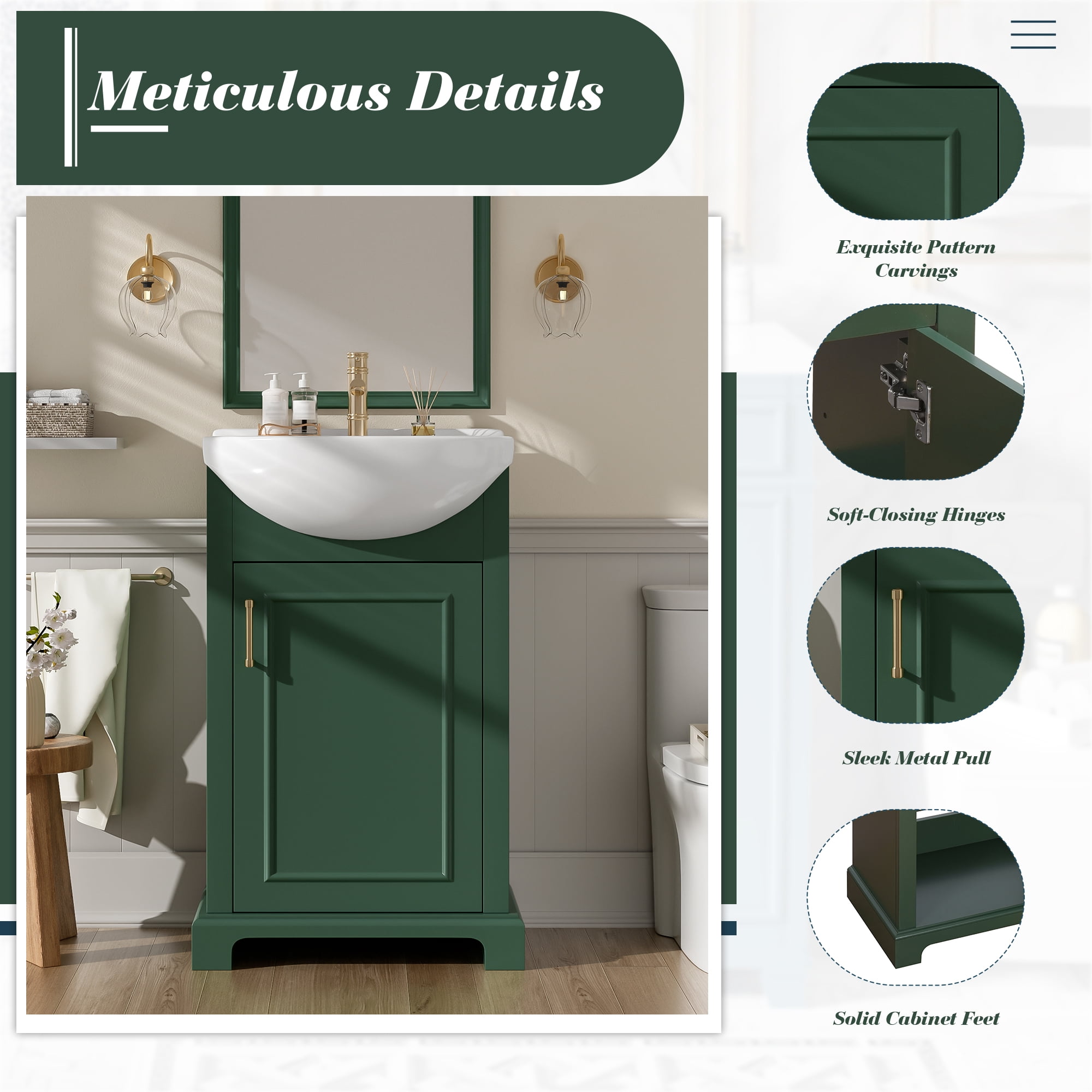 GARITIN Bathroom Vanity 20 Inch, Freestanding Single Vanity Set with Ceramic Sink and Soft Closing Door for Small Bathroom, Green
