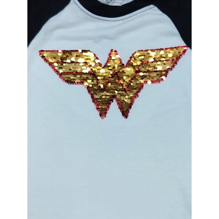 DC Girls Sequins Wonder Baseball Plus Woman L Flip White Shirt Tee T-Shirt