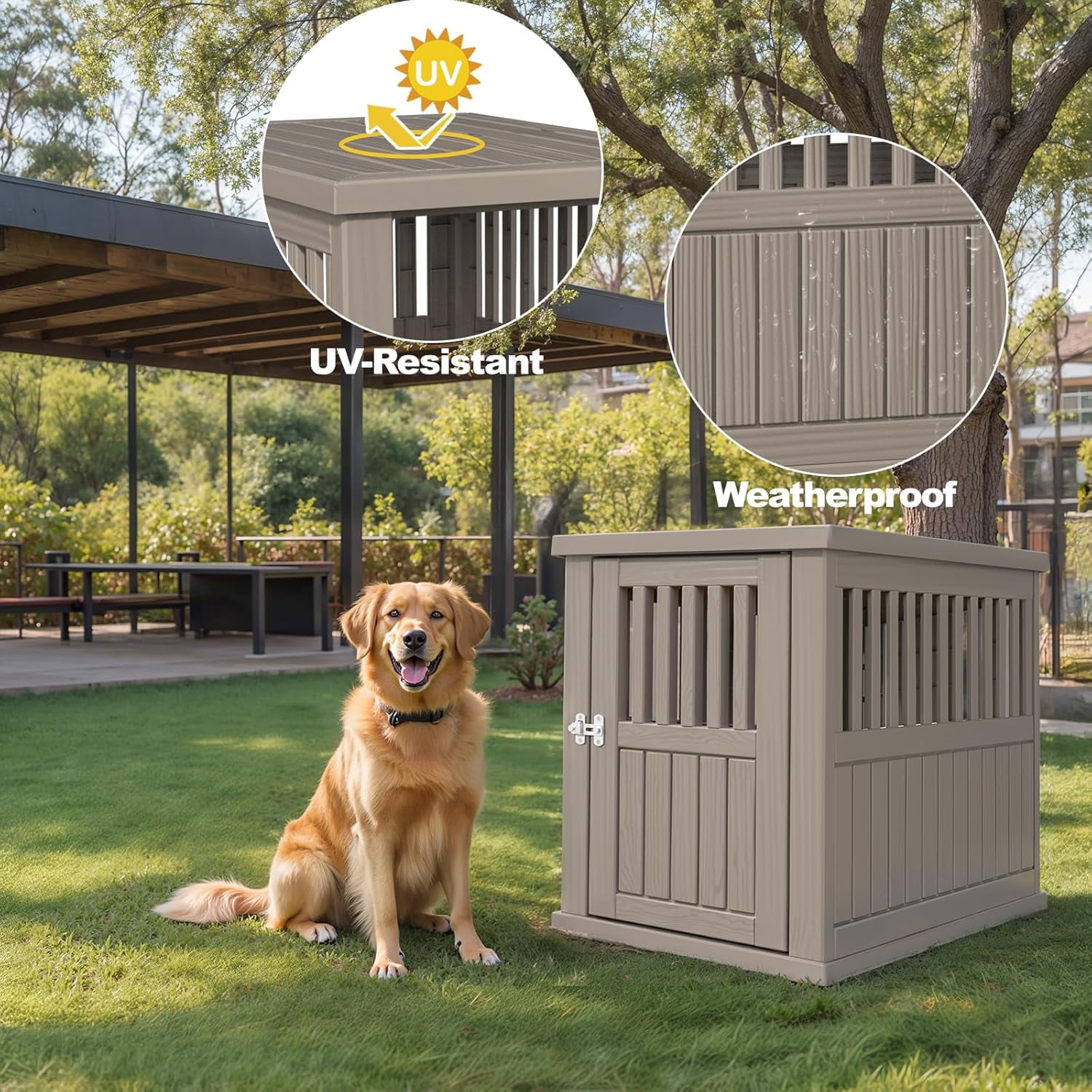 30x21x25in Heavy-Duty Resin Dog Crate for Large Dogs – Weatherproof, Ventilated, Lockable Door Indoor/Outdoor Portable Kennel (Light Coffee)