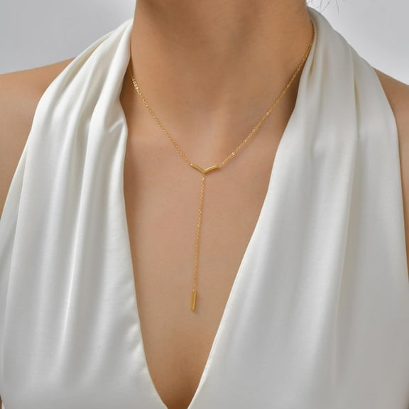 Gold Plated Y Necklace for Women, Dainty Flat Cross Chains Lariat Necklaces, Adjustable Stainless Steel Long Gold Necklaces Jewelry Gifts for Her