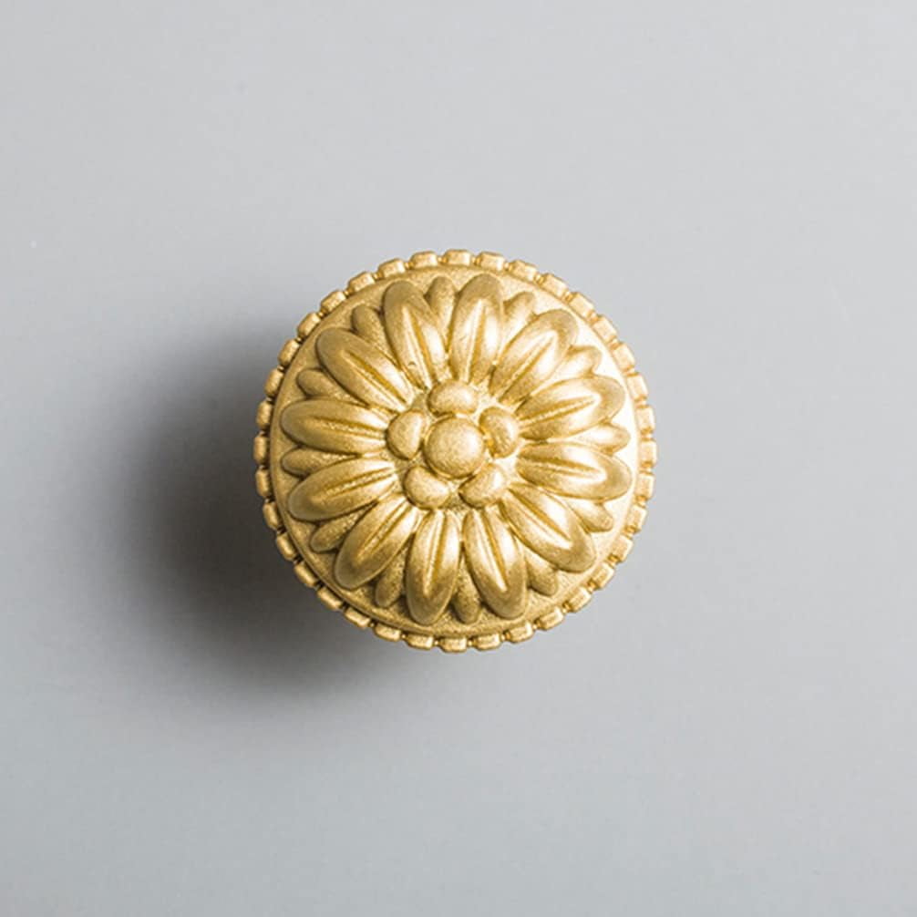 ABCISI Brass Cabinet Round Flower Knobs, 4 Pack Gold Euro Style Cabinet Knob Dresser Drawer Modern Dresser Drawer Knobs, Vintage Decorative Brass Cabinet Knobs