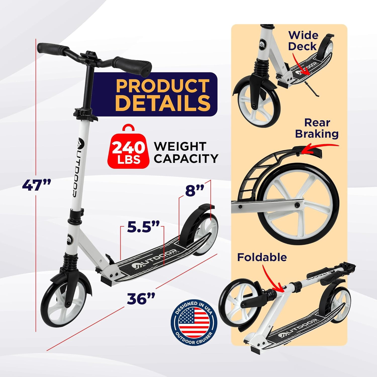 OutdoorCruiser Kick Scooter for Ages 6+, Kids, Teens & Adults, Foldable, Dual Suspension, 3-Level Adjustable Handlebar, Child Safety Approved, White