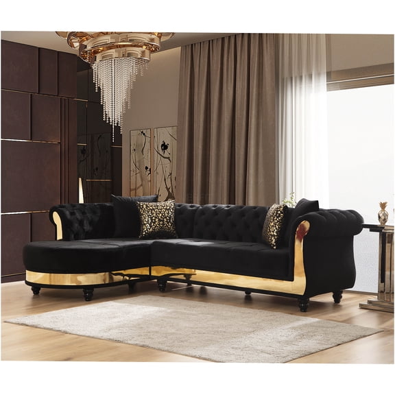 JERFIT Modern L-Shaped Velvet Sectional Sofa with Gold Trim, Black Button Tufted Upholstery Couch for Living Room