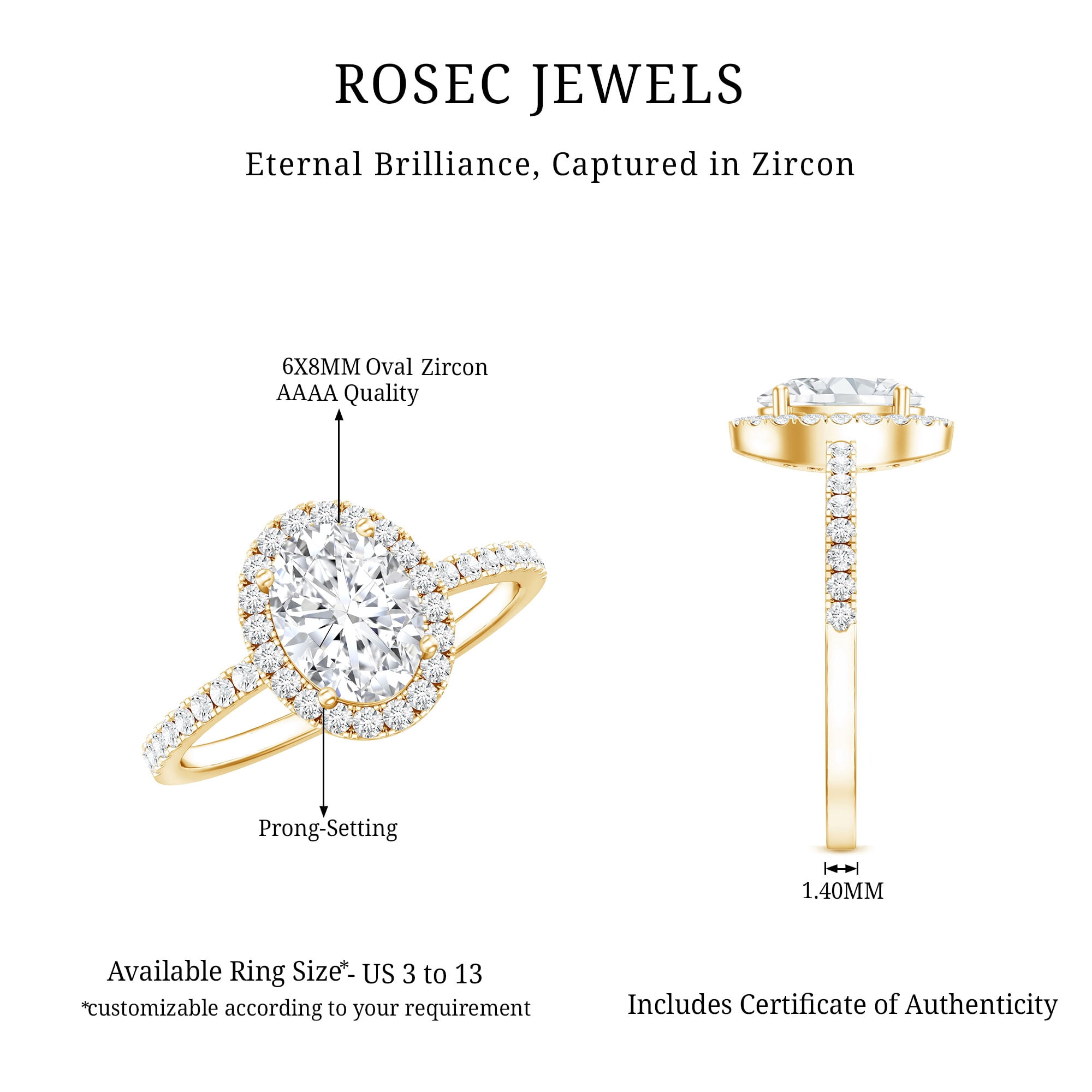 Rosec Jewels Classic Cubic Zirconia Halo Engagement Ring for Women, 10K Yellow Gold, US 12.00