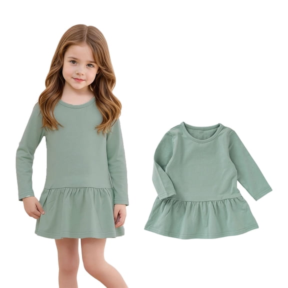 Girls Long Sleeve Dress Summer Kids Toddler A Line Solid Color T-Shirt Dress for School Casual Girl Clothes 2-3 Years