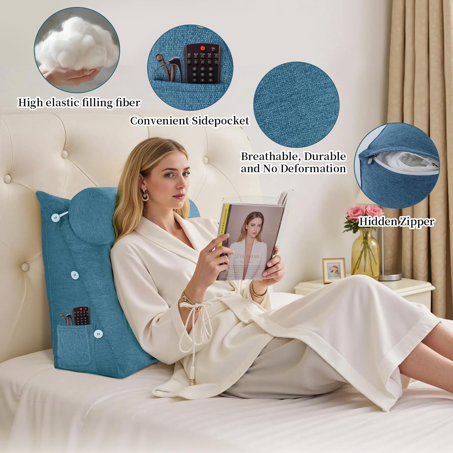 Bed Wedge Reading Pillow, Adjustable Reading Throw Cushion Triangular Pillow Wedge Couch Pillow for Lumbar Neck Back Support Pillow with Removable Linen Cover