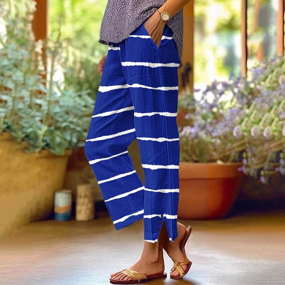 Caywon Women's Fashion Printed Linen-Like Pants Elastic Waist Casual Trousers with Pockets Button Decorated Split Cuffs Straight Leg Loose Full-Length Pants for Daily Wear