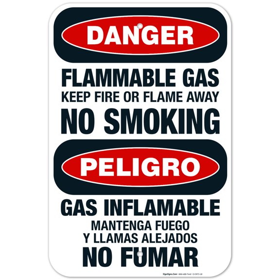 Flammable Gas Keep Fire Or Flame Away No Smoking Bilingual Sign, OSHA Danger Sign, 12x18 Aluminum