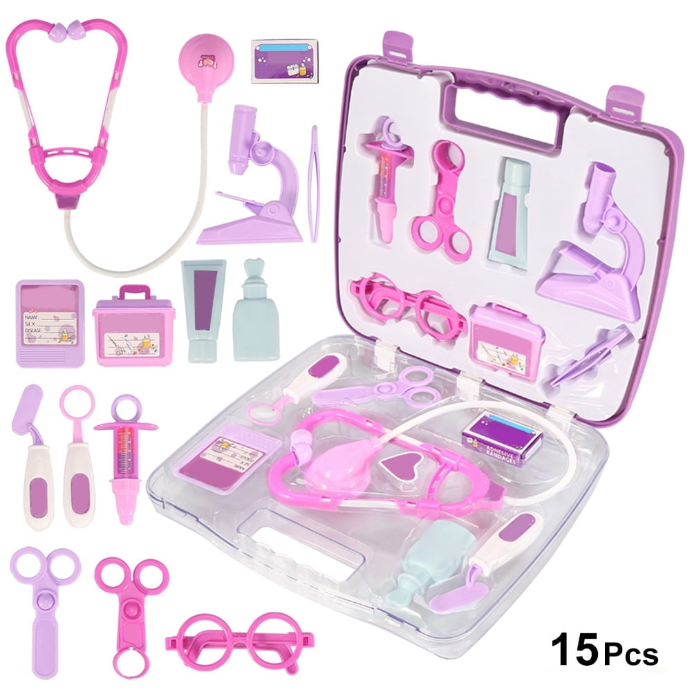 Purple 15-Piece Kids Pretend Play Medical Set with Stethoscope, First Aid Kit & Carry Bag - Safe ABS Material Role-Playing Toy for Boys & Girls, Promotes Imagination & Creativity, Perfect Gift