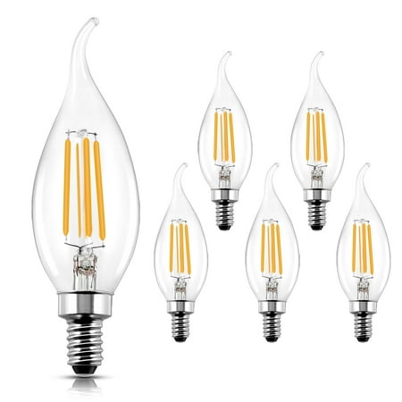

ROMANJOY LED Candelabra Bulb Flame Tip 40W Equivalent Dimmable E12 Filament Candle Bulbs 4W 400 Lumens 2700K Warm White LED Chandelier Light Bulbs Pack of 6