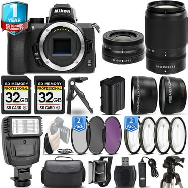 Nikon Z50 Mirrorless Camera with 50-250mm f/4.5-6.3 VR Lens   16-50mm Lens   4 PC Macro Set   3 PC Filter Set   64GB   Flash   Handbag