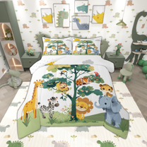 Manfei Jungle Animal Teens Full Size Comforter Sets, Kawaii Lion Elephant Zebra Bedding Comforter Set, Cartoon Wildlife Reversible Bedding Sets, Microfiber Bedroom Decor, 3 Pieces
