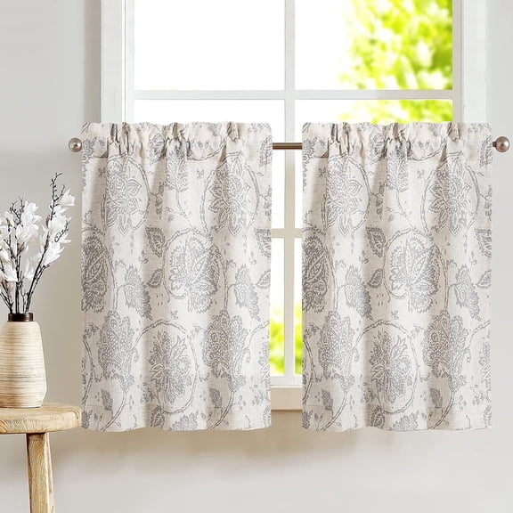 Kitchen Curtains 36 Inch Long Paisley Scroll Printed Linen Tier Curtains Medallion Jacobean Floral Printed Burlap Vintage Curtain Panels 2 Panels Grey on Beige