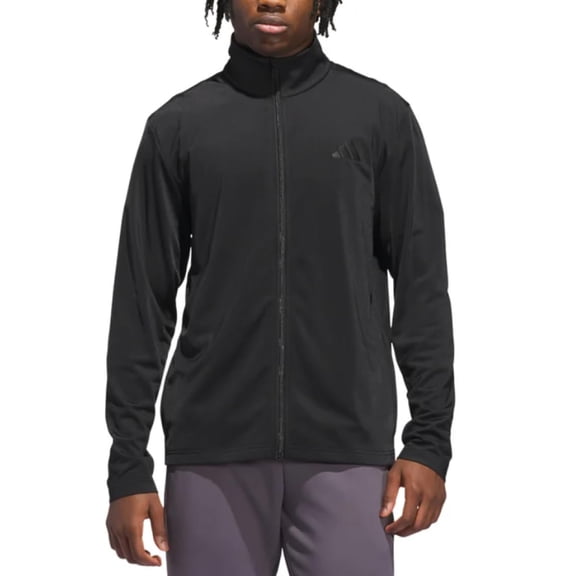 Mens Full-Zip Track Jacket with Stand Collar, Midweight Tricot Athletic Jacket, Zipper Pockets, Regular Fit, Black