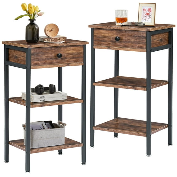 VECELO Set of 2 Nightstand with Drawer, Industrial Side End Table 2-tier Wood Storage Shelf for Living room/Bedroom/Office, Brown