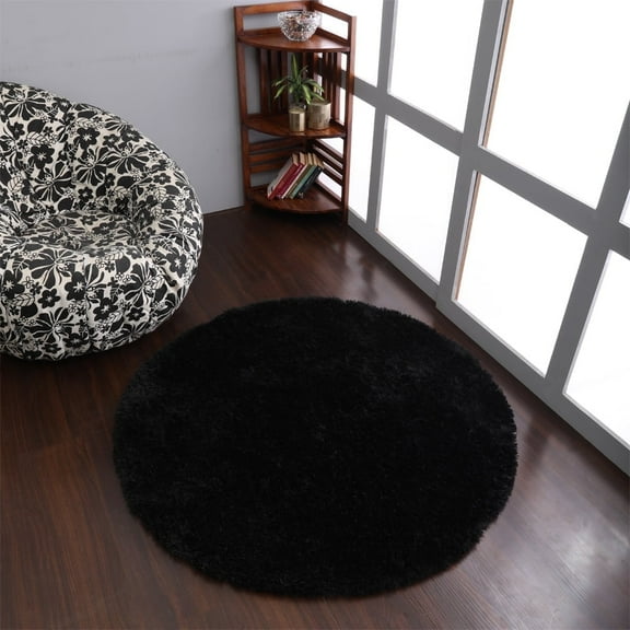 Rugsotic Carpets Hand Tufted Shag Polyester Eco-Friendly Area Rugs - 8'x8', Round, Black, Plain Solid Design, High Pile Handmade Anti Skid Rugs for Living Room, Bed Room K00111
